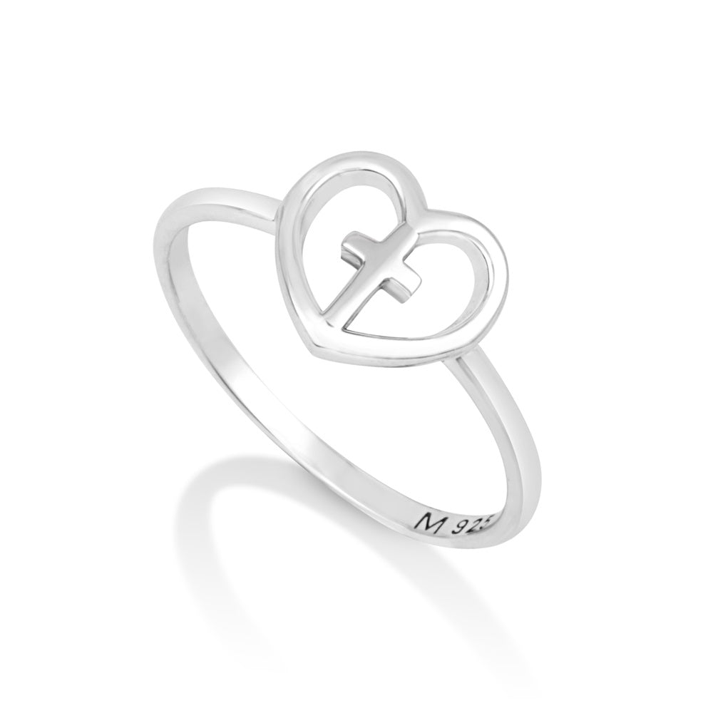 Open heart and cross ring in 925 sterling silver by Marina Jewelry