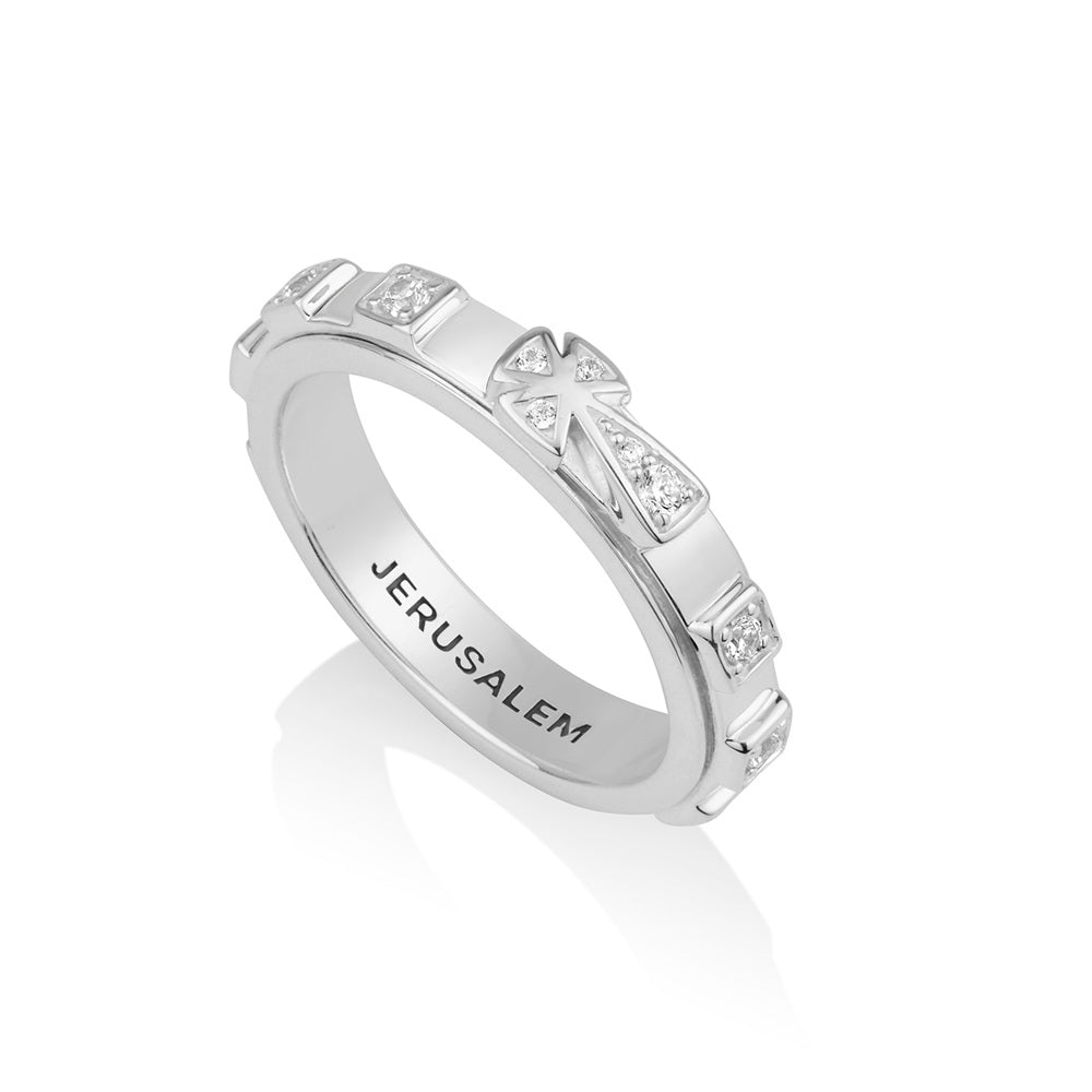 CZ Cross Geometric Rosary Band Ring, Sterling Silver