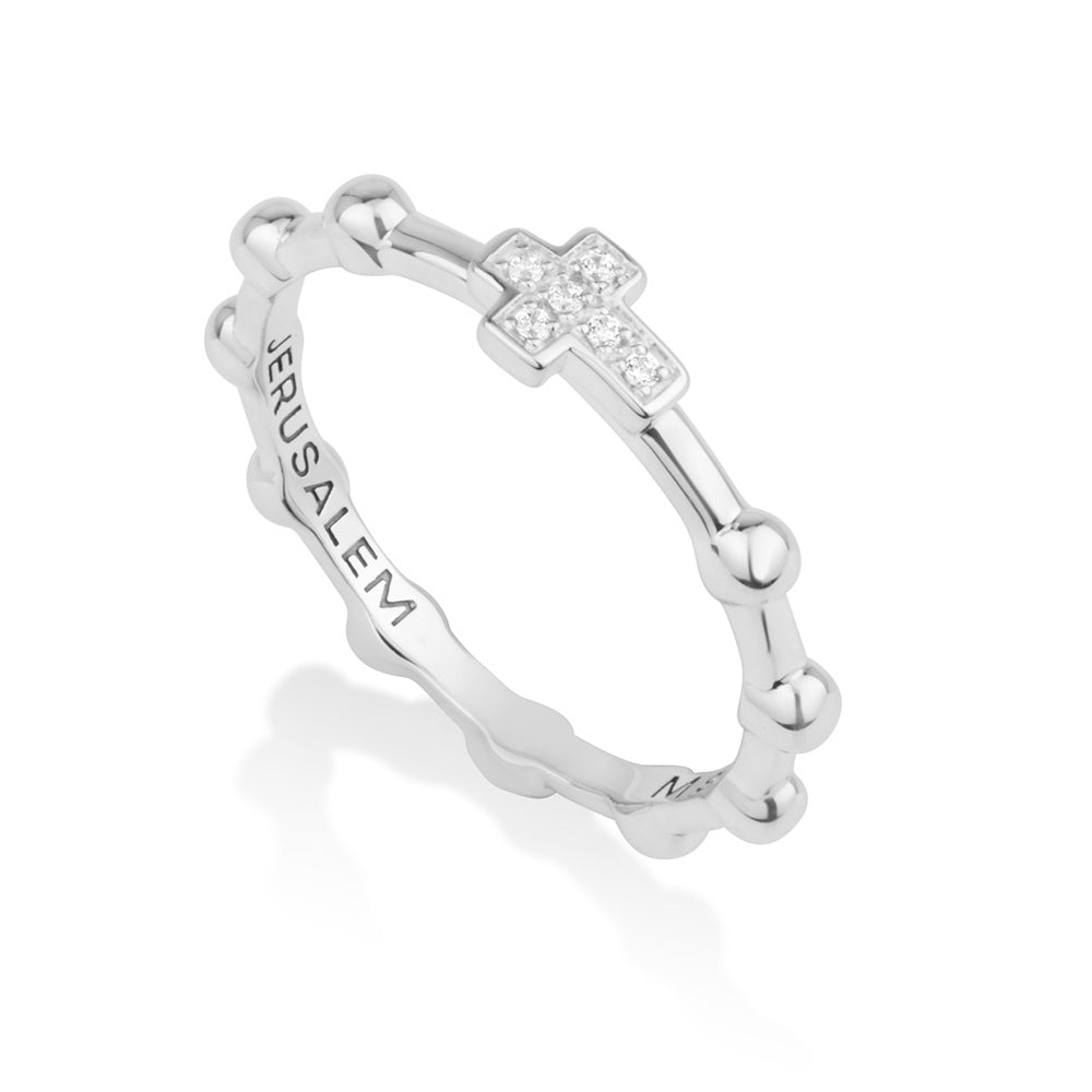 CZ Pave Cross Round Bead Rosary Band Ring, Sterling Silver
