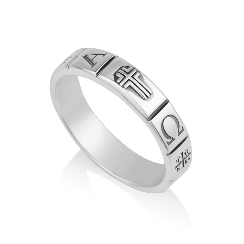 Alpha and Omega cross band ring in 925 sterling silver with IC XC NIKA, by Marina Jewelry