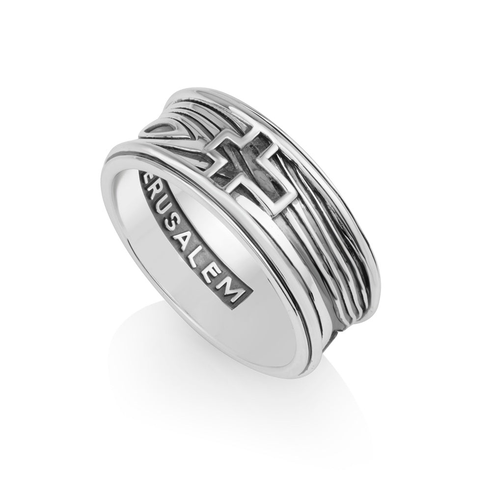 Cross wide band ring in 925 sterling silver, leaf texture, by Marina Jewelry