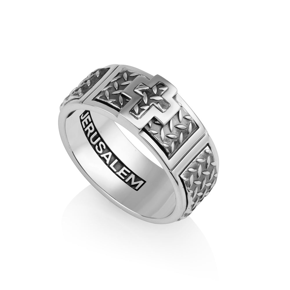 Cross wide band ring in 925 sterling silver, wave-grain texture, by Marina Jewelry