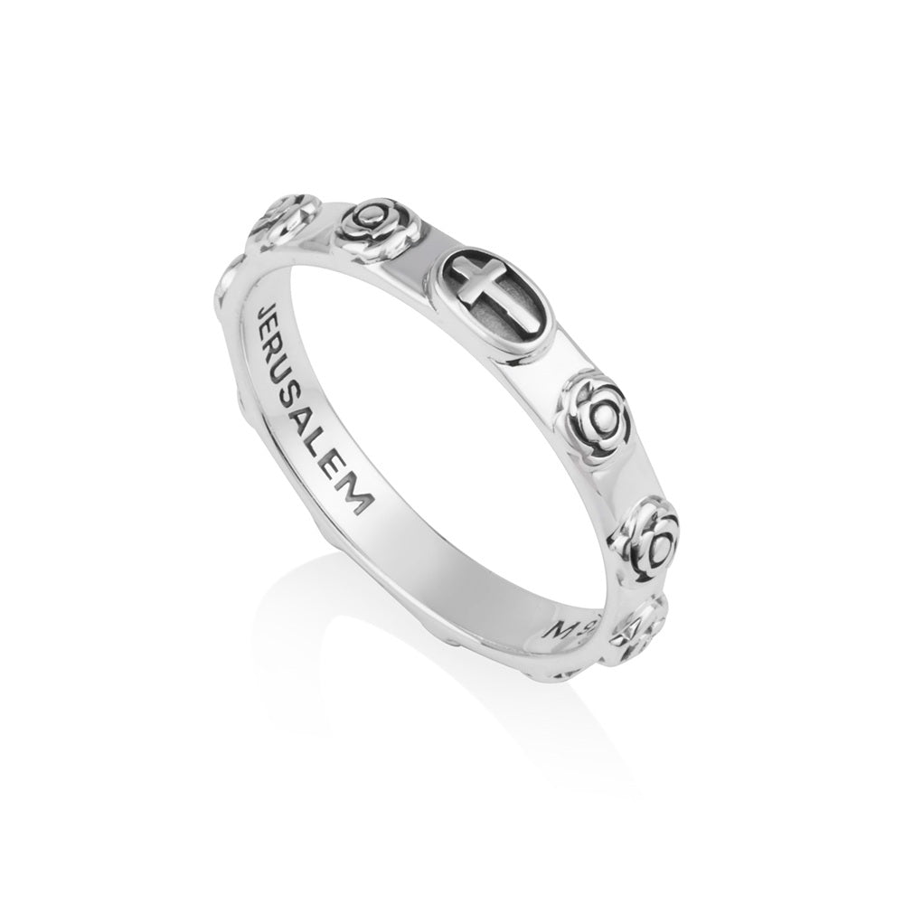 Rose and Cross Slim Rosary Band Ring, Sterling Silver