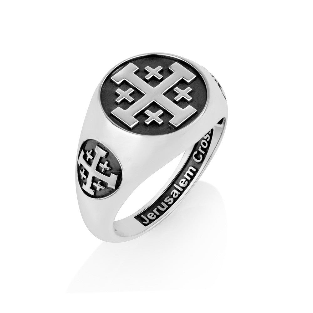 Men's oxidized round Jerusalem Cross signet ring by Marina Jewelry