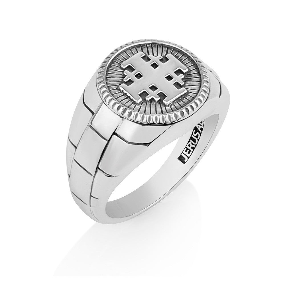 Men's sunburst Jerusalem Cross signet ring in sterling silver by Marina Jewelry