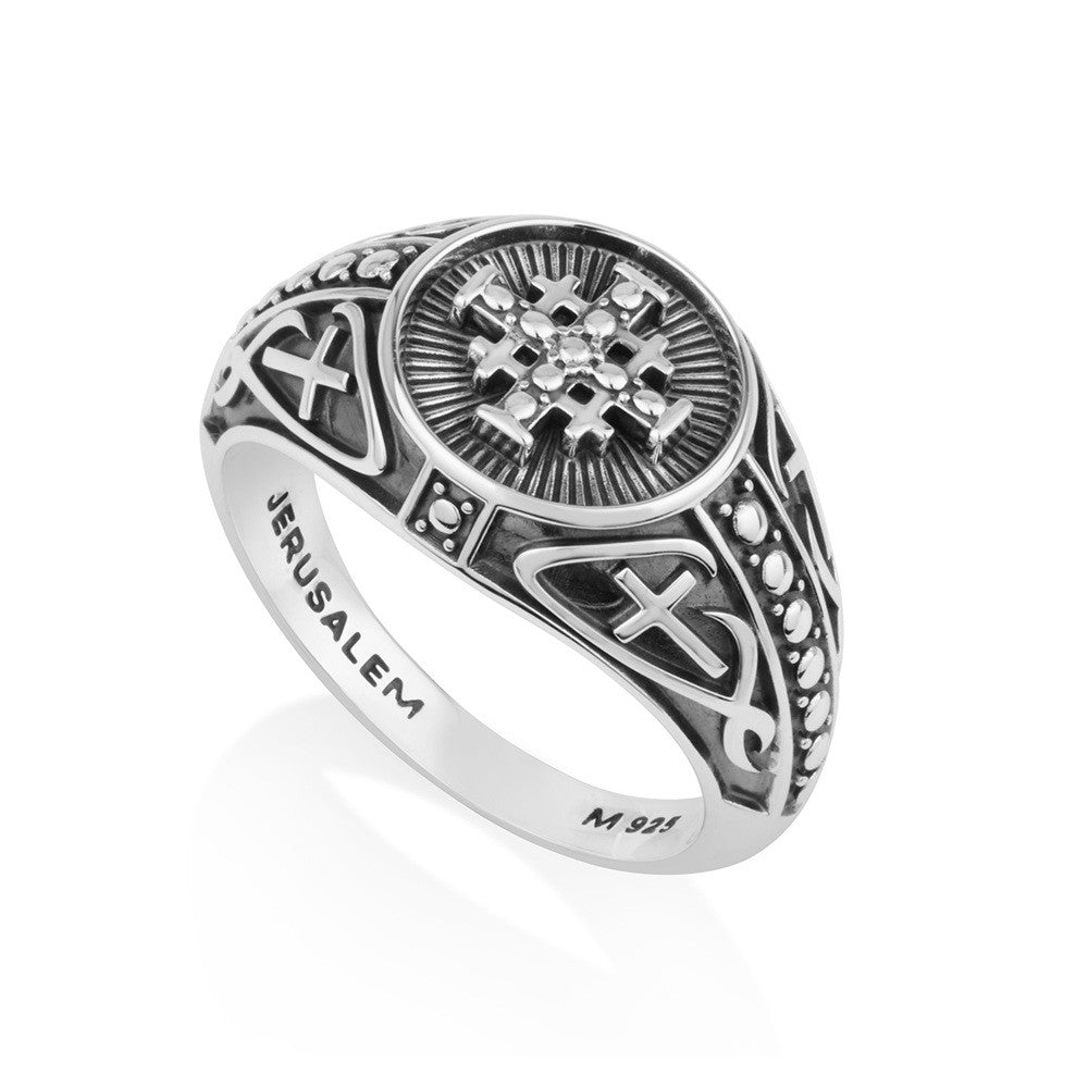 Men's oxidized sunburst Jerusalem Cross signet ring with cross shoulders by Marina Jewelry