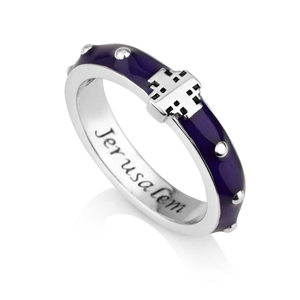 Rosary Band Ring, Indigo Enamel Cross, Sterling Silver