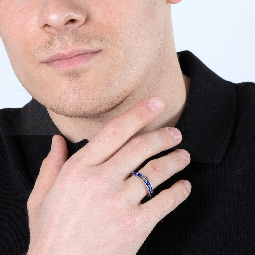 Rosary Band Ring, Indigo Enamel Cross, Sterling Silver