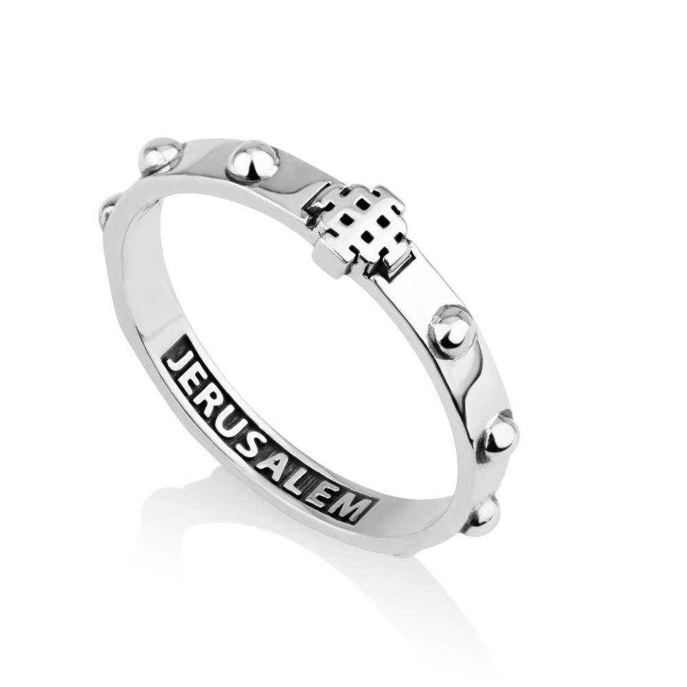 Rosary Band Ring, Jerusalem Cross Engraved, Polished Silver