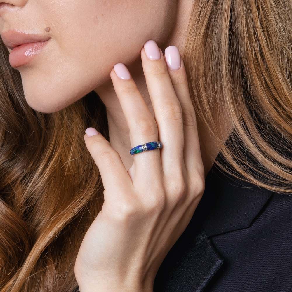 Domed Beaded Eilat Stone Ring in 925 Sterling Silver – shown worn