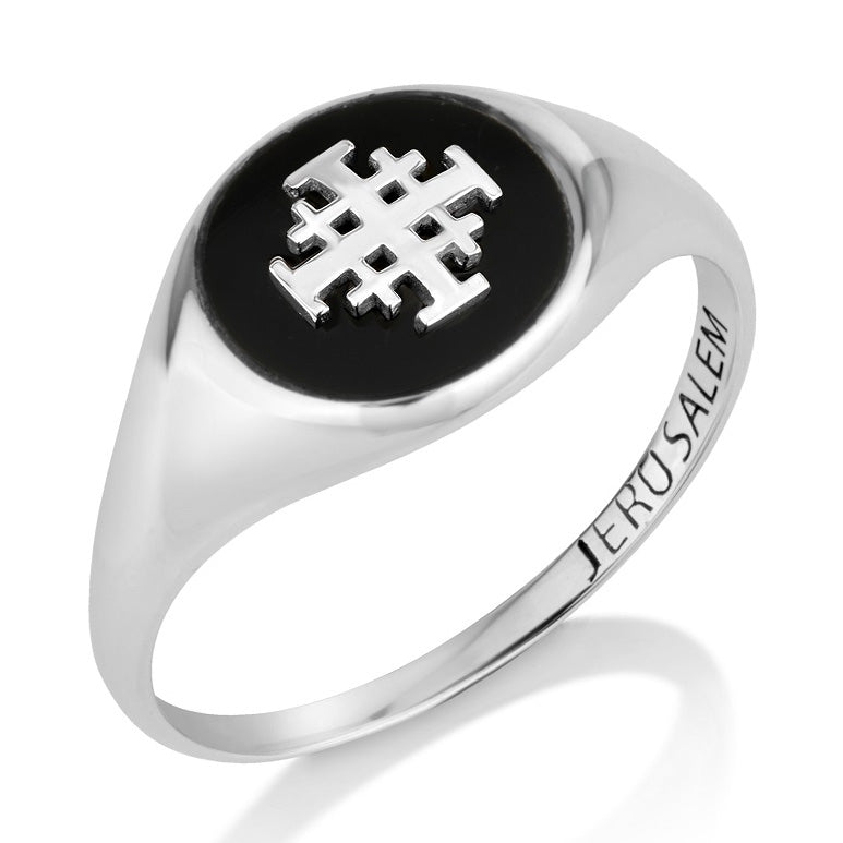 Jerusalem Cross Black Onyx Signet Ring in 925 Sterling Silver by Marina Jewelry