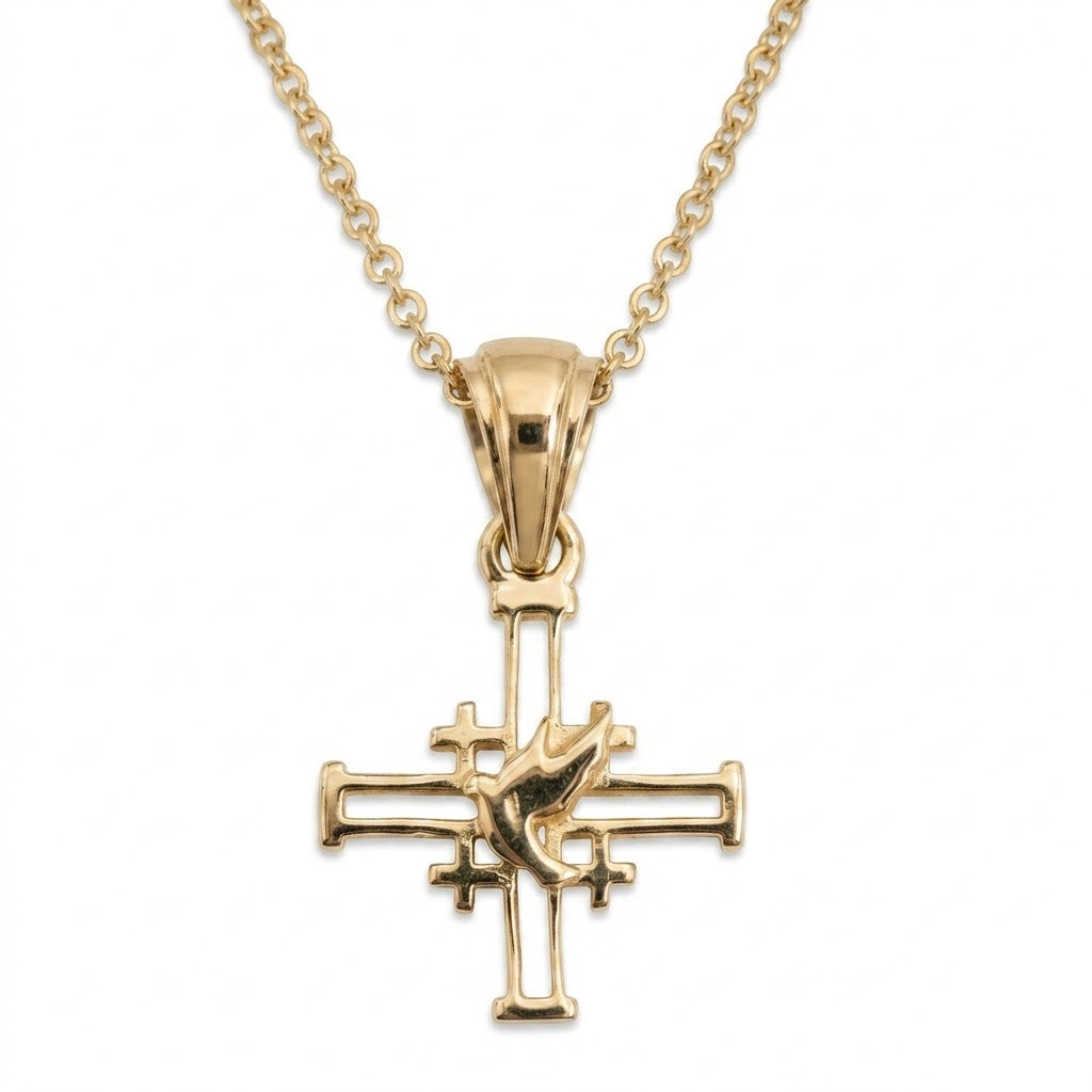 14K gold openwork Jerusalem Cross pendant with dove by Marina Jewelry