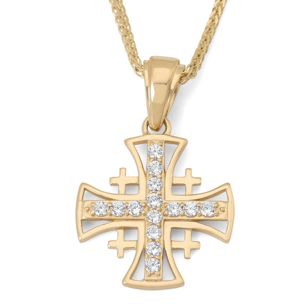 14K gold open-frame Jerusalem Cross pendant with Cubic Zirconia by Marina Jewelry