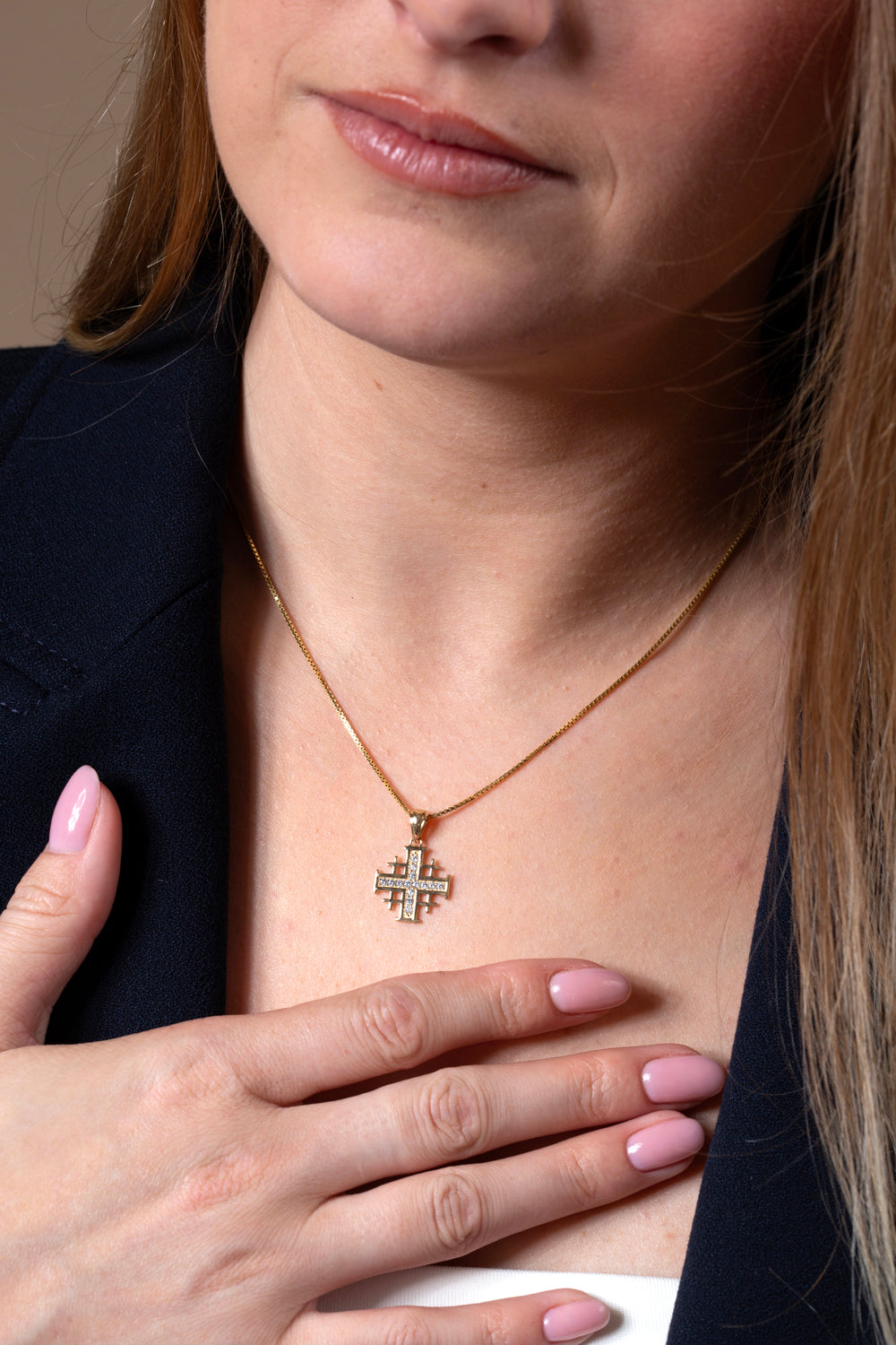 Jerusalem Cross Pendant in 14K Gold, Cubic Zirconia Center Cross, view 3 by Marina Jewelry