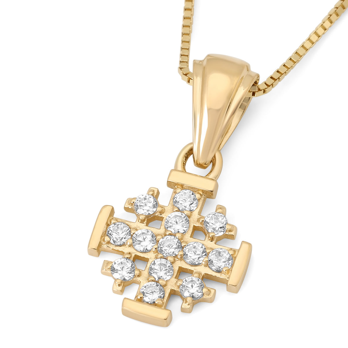 Small 14K gold Jerusalem Cross pendant pavé-set with Cubic Zirconia by Marina Jewelry