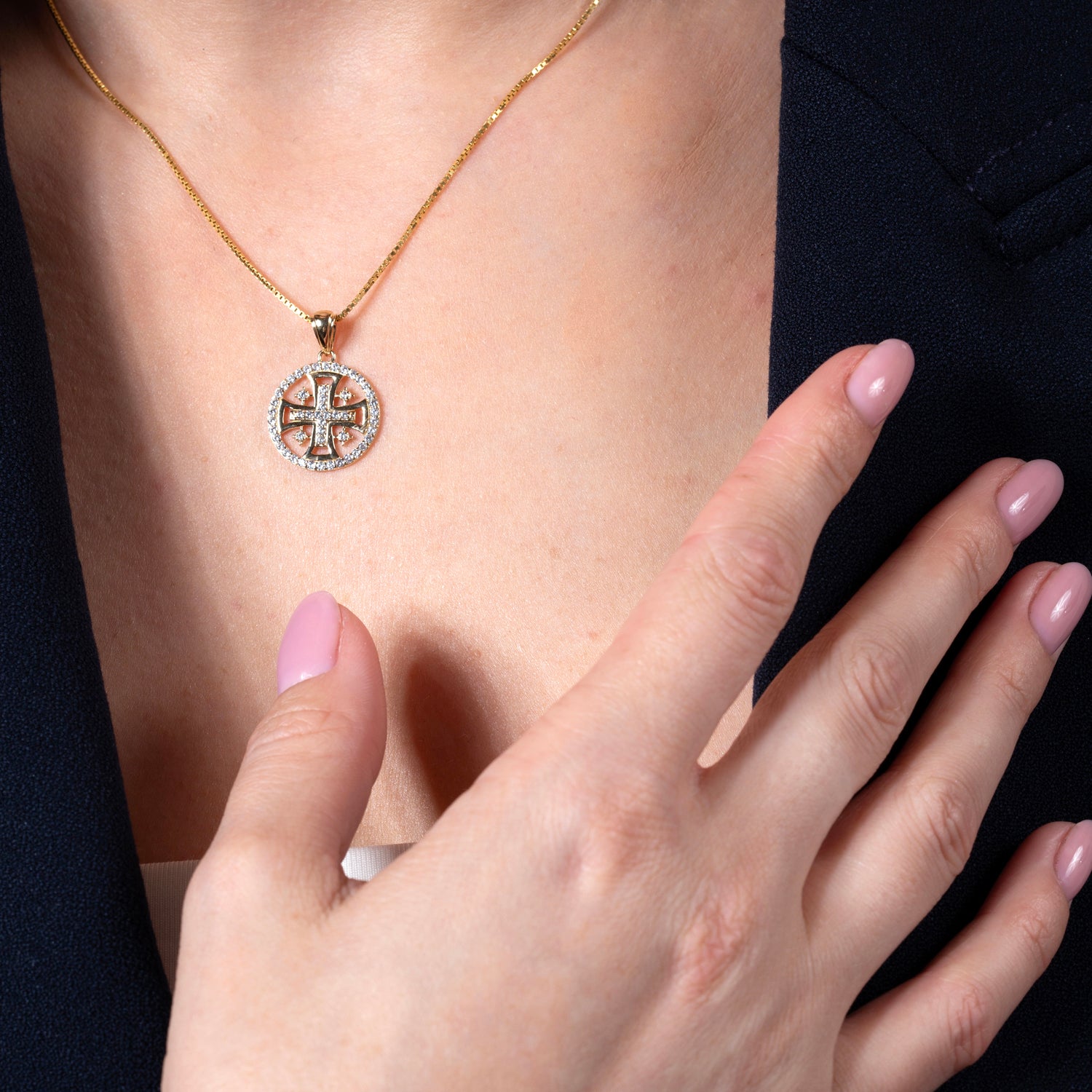 Jerusalem Cross Medallion Pendant in 14K Gold, Cubic Zirconia Halo, view 2 by Marina Jewelry