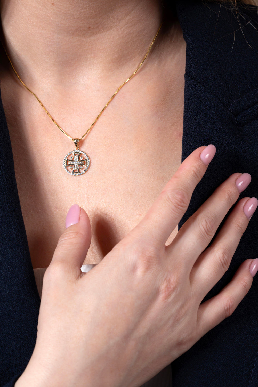Jerusalem Cross Medallion Pendant in 14K Gold, Cubic Zirconia Halo, view 3 by Marina Jewelry