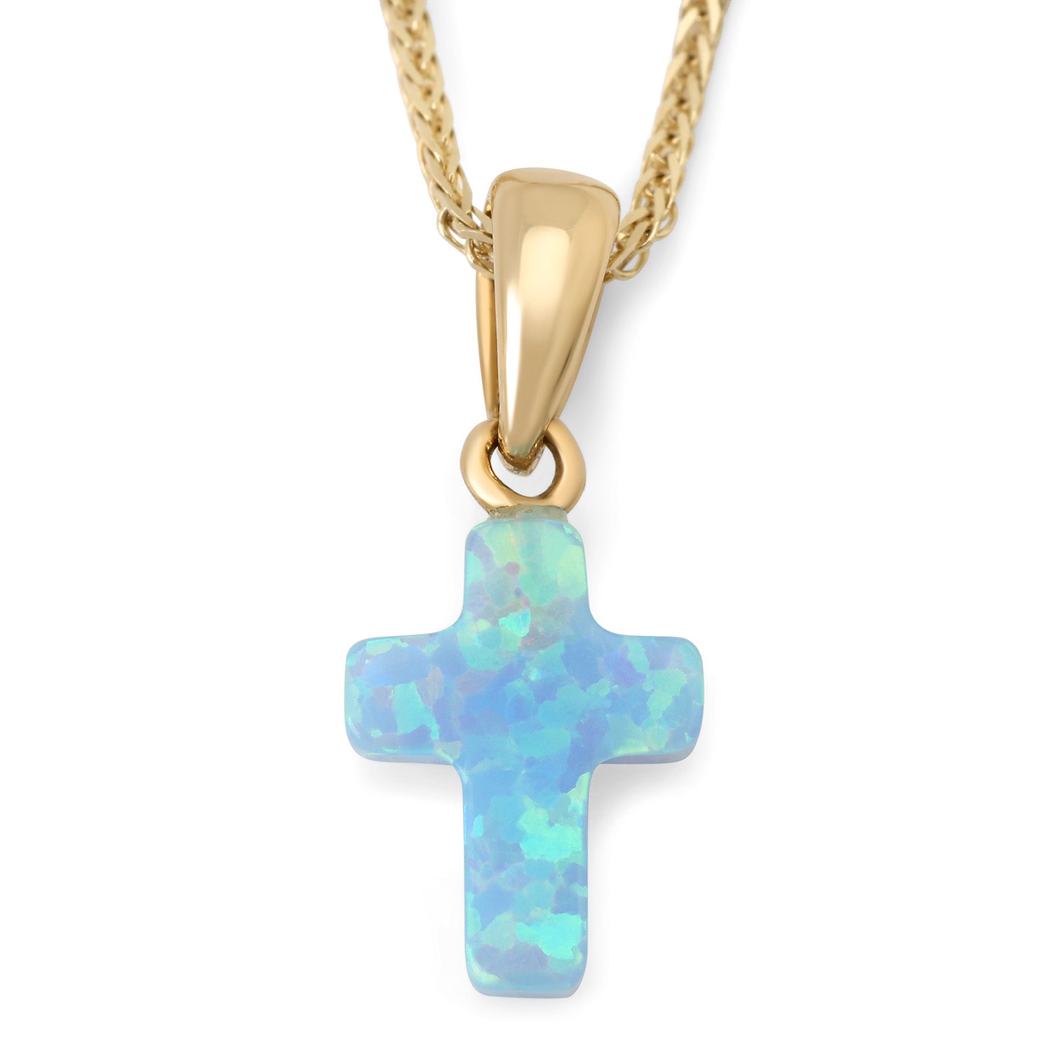 Blue opal cross pendant with polished 14K gold bail by Marina Jewelry