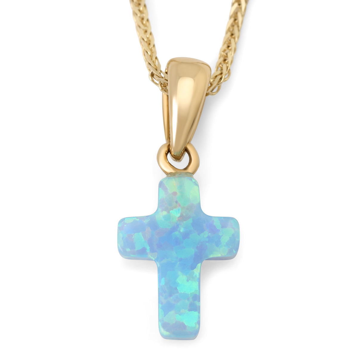 Blue opal cross pendant with polished 14K gold bail by Marina Jewelry