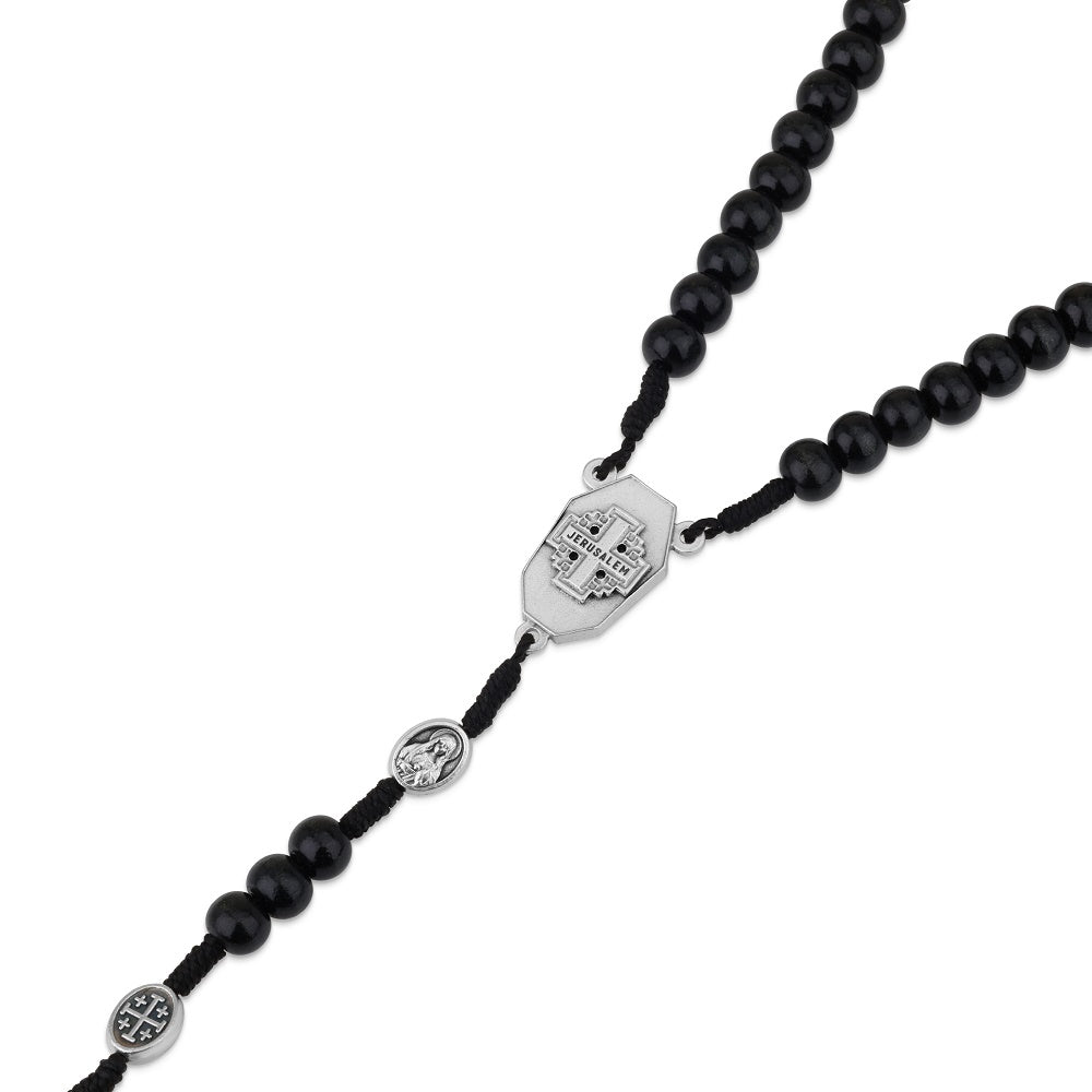 Black beaded rosary with Jordan River Water medallion and crucifix by Marina Jewelry