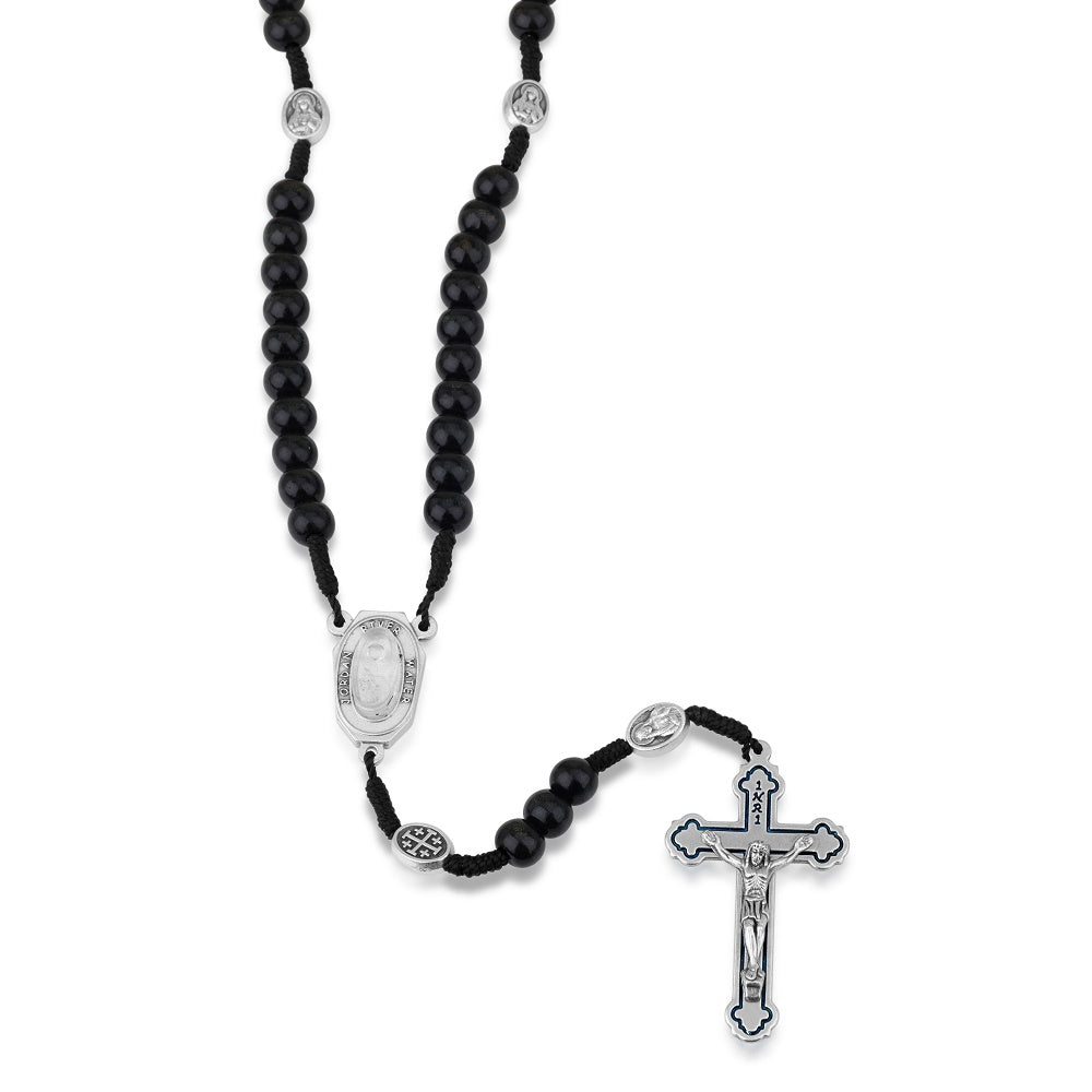 Black beaded rosary with Jordan River Water medallion and crucifix by Marina Jewelry