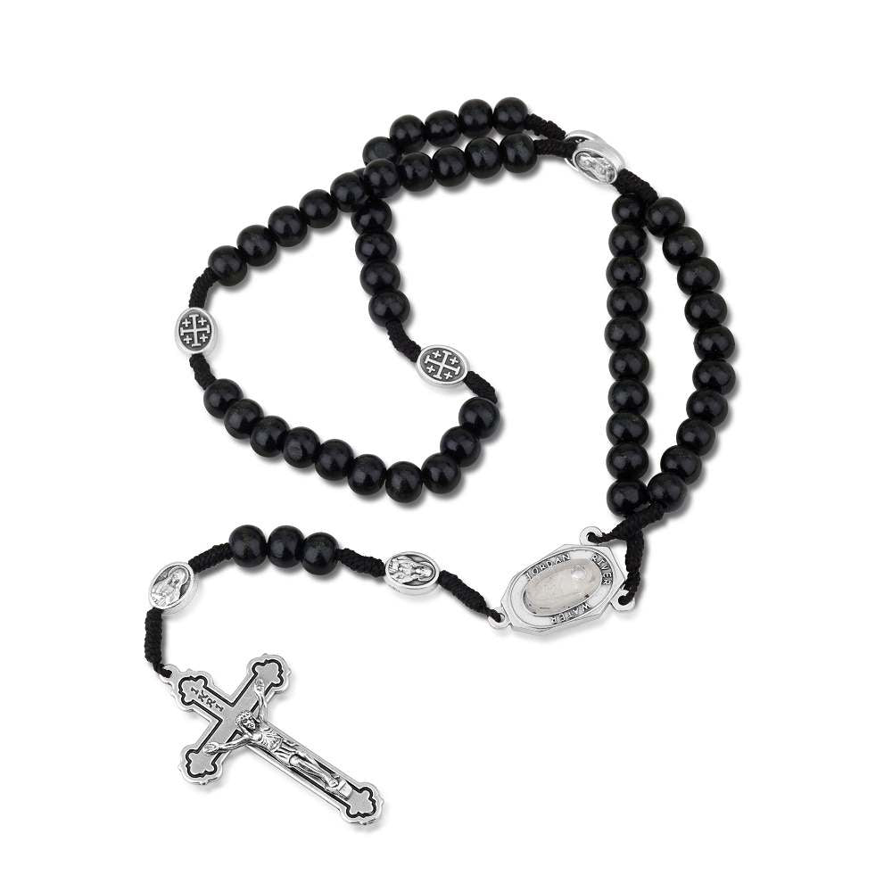 Black beaded rosary with Jordan River Water medallion and crucifix by Marina Jewelry