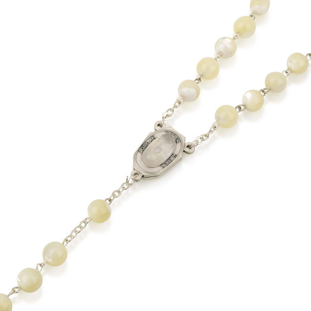 Mother of pearl glass rosary with ornate crucifix by Marina Jewelry