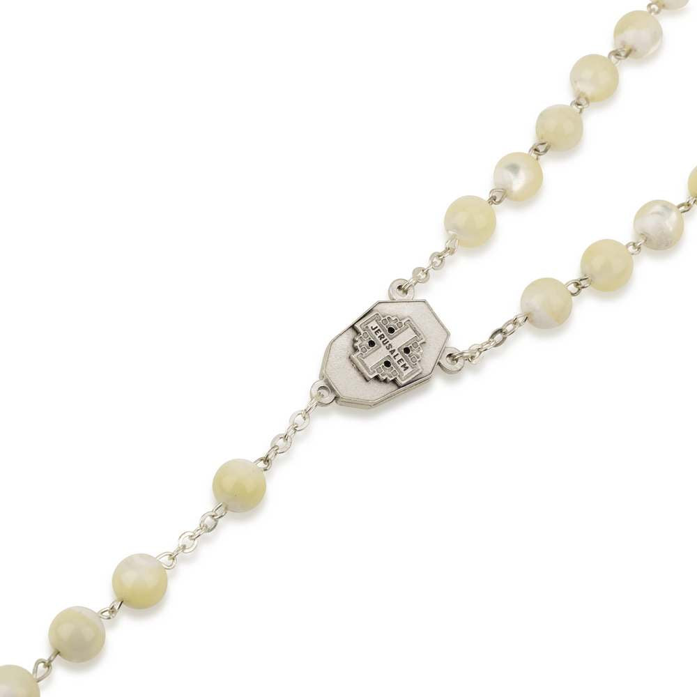 Mother of pearl glass rosary with ornate crucifix by Marina Jewelry
