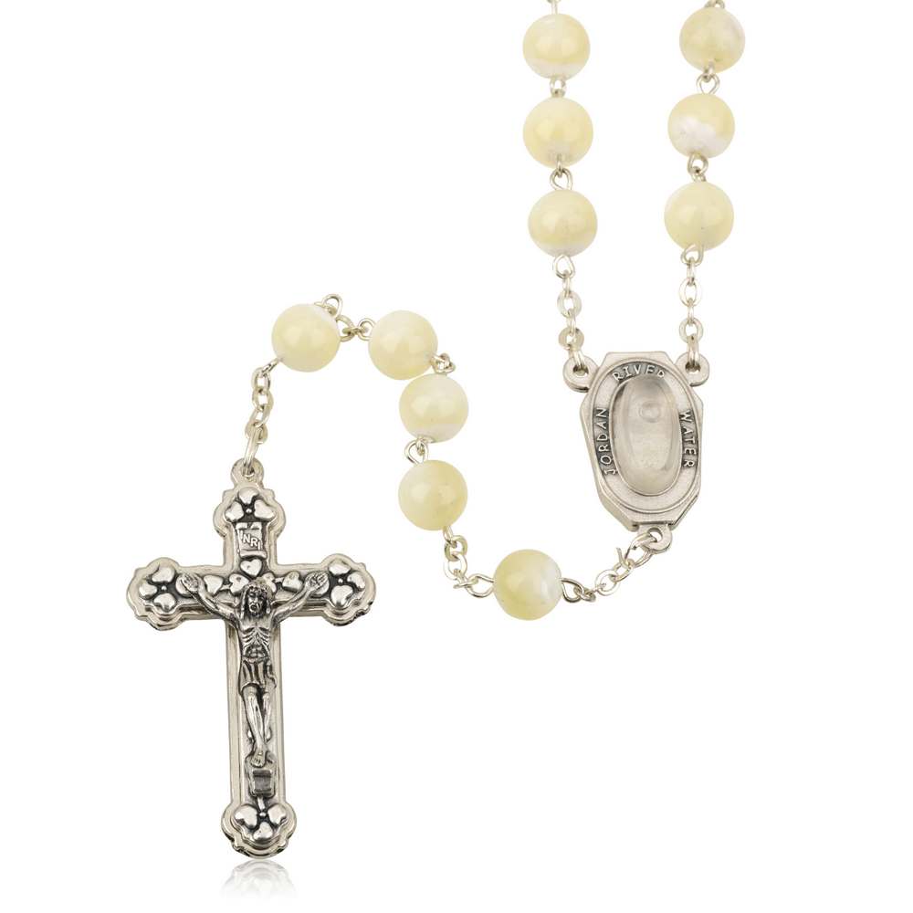 Mother of pearl glass rosary with ornate crucifix by Marina Jewelry
