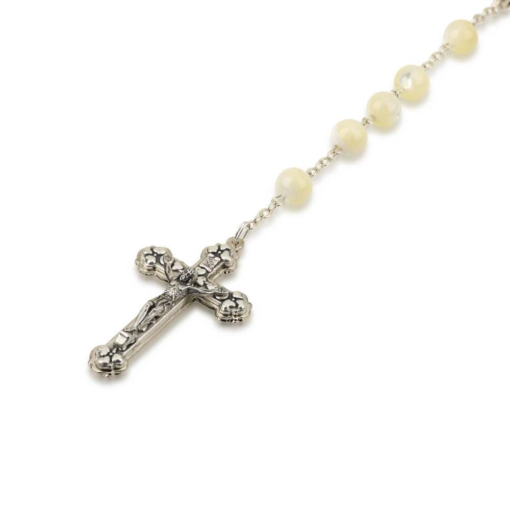 Mother of pearl glass rosary with ornate crucifix by Marina Jewelry