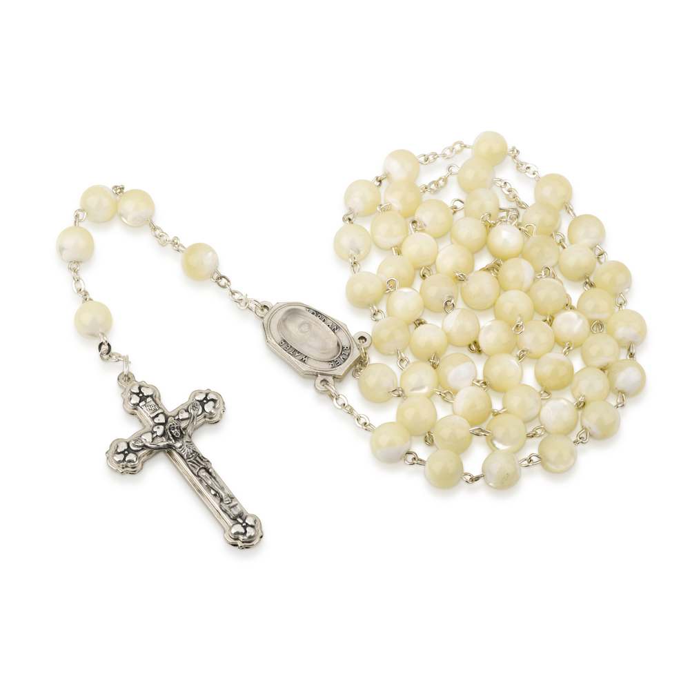 Mother of pearl glass rosary with ornate crucifix by Marina Jewelry
