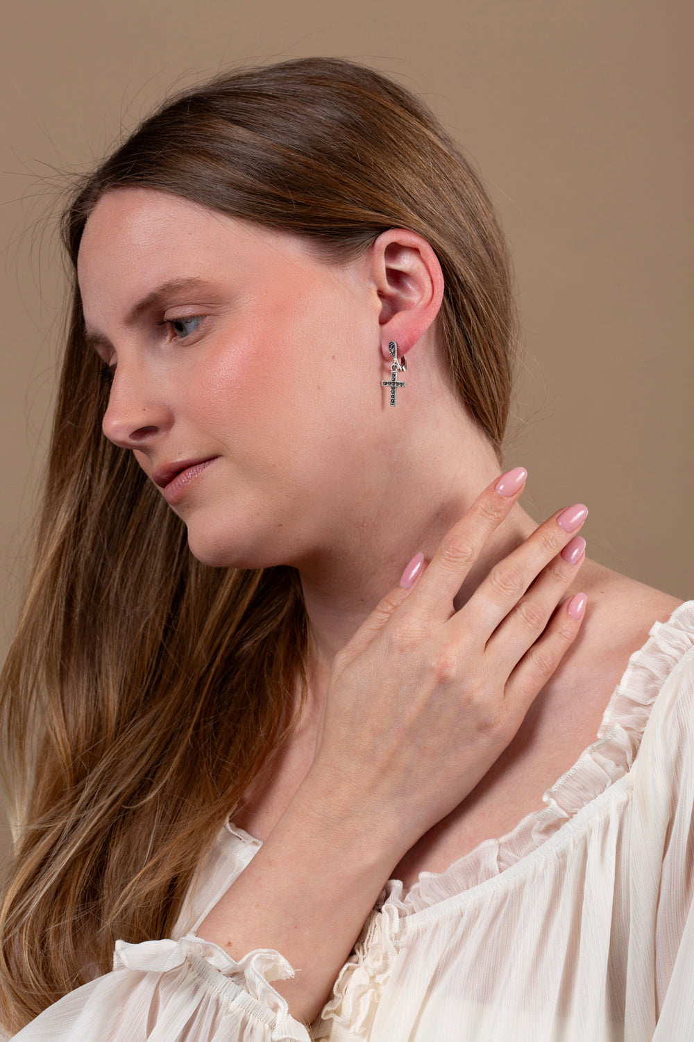 Marcasite Cross Drop Earrings in 925 Sterling Silver – shown worn
