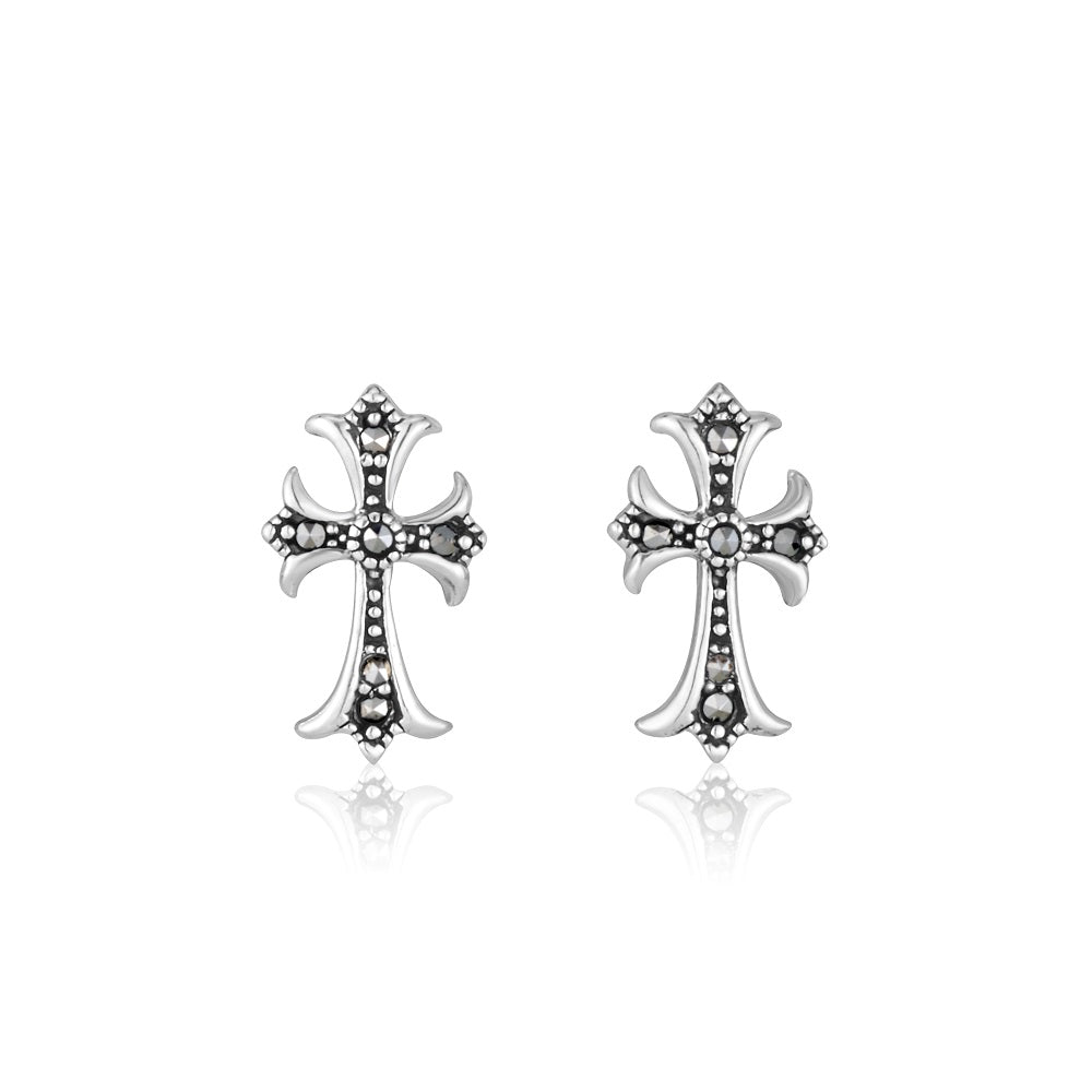 Gothic-style marcasite cross stud earrings in 925 sterling silver by Marina Jewelry