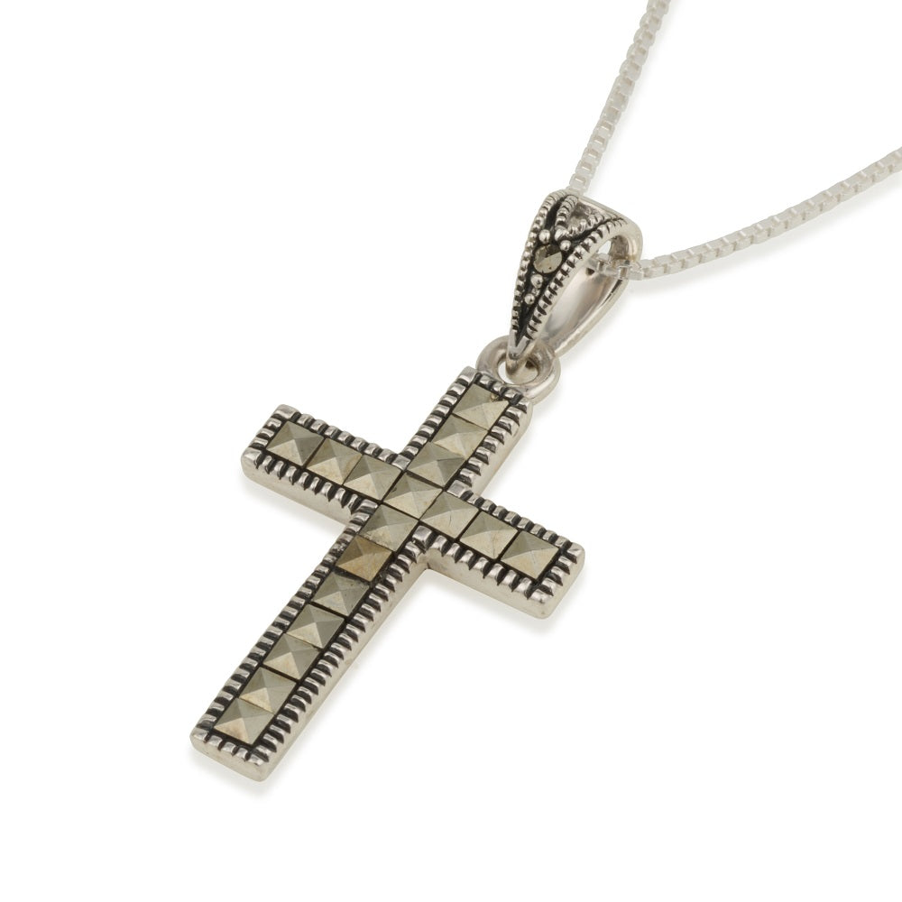 Marcasite mosaic cross pendant necklace in 925 sterling silver by Marina Jewelry