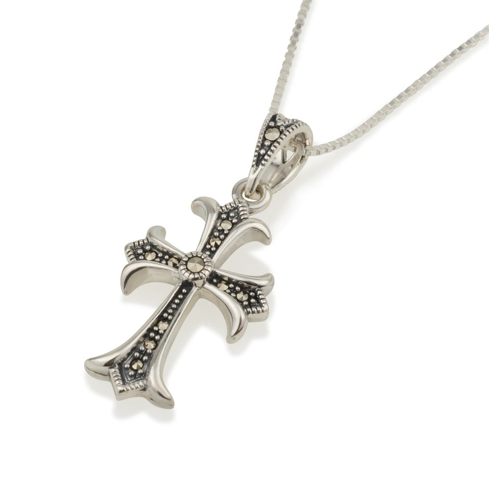 Ornate gothic fleur cross pendant necklace in 925 sterling silver with marcasite by Marina Jewelry