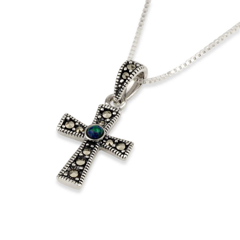 Compact Eilat stone cross pendant necklace in 925 sterling silver with marcasite by Marina Jewelry