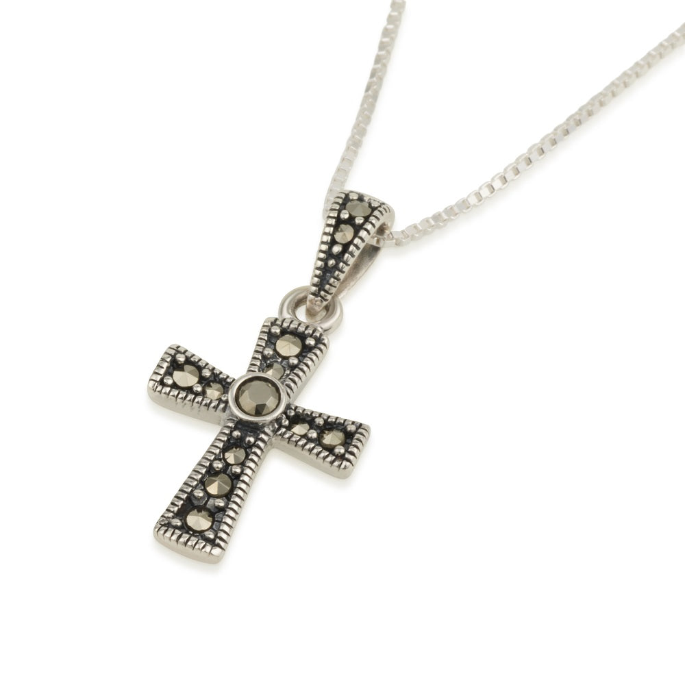 Compact marcasite cross pendant necklace in 925 sterling silver by Marina Jewelry