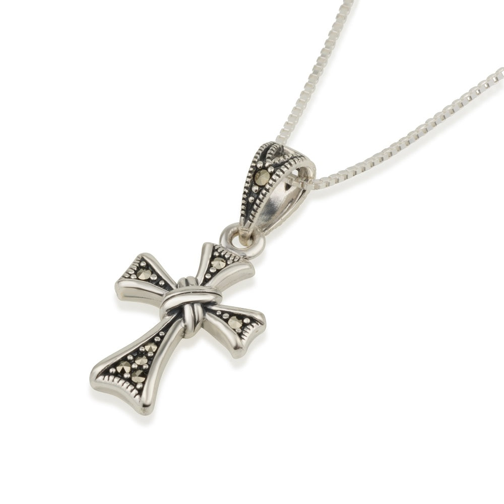 Tapered cross pendant necklace with wrapped center band in 925 sterling silver by Marina Jewelry
