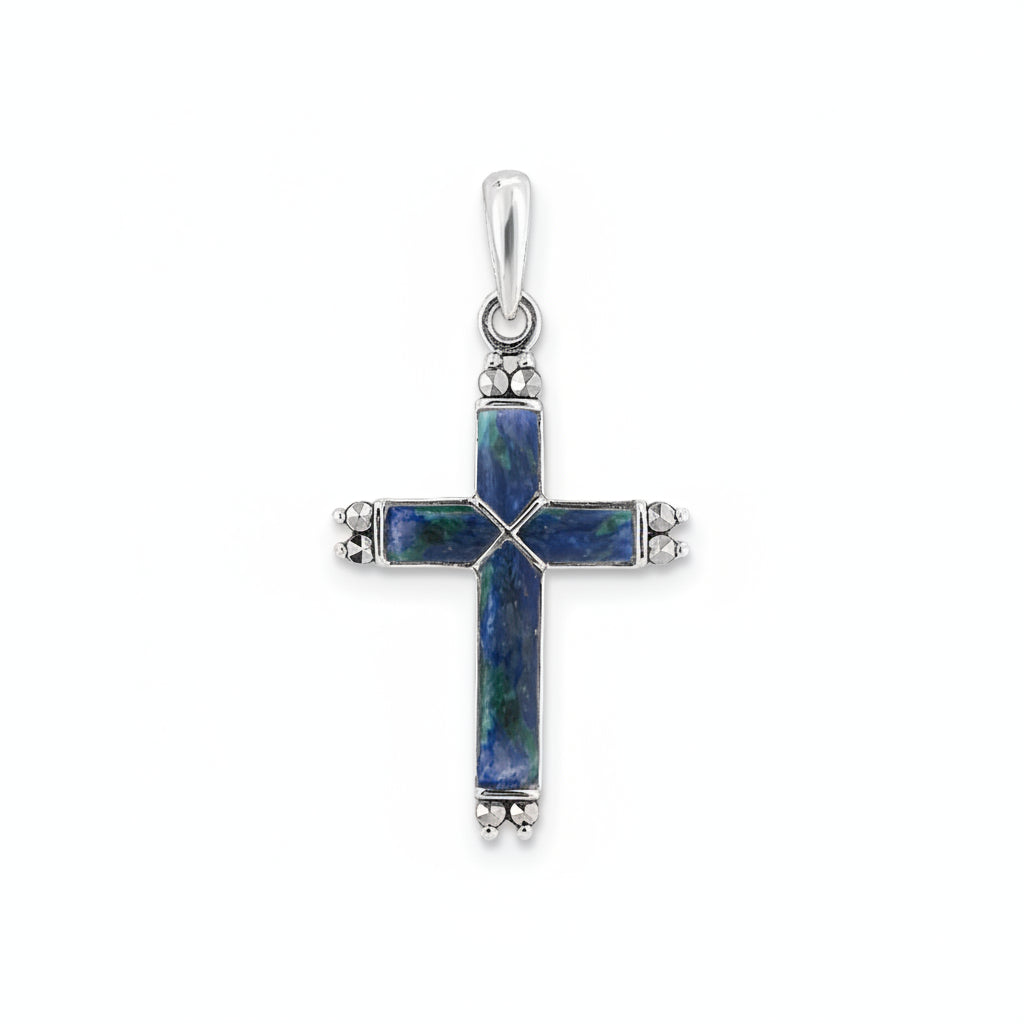 Large Eilat stone bar cross pendant in 925 sterling silver with marcasite accents by Marina Jewelry