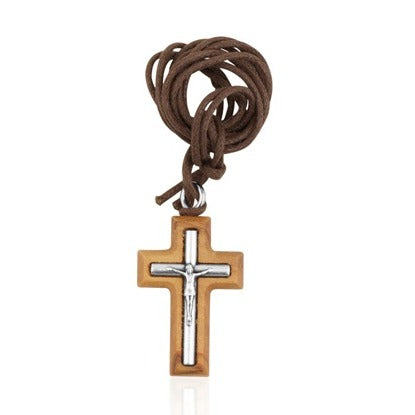 Classic Crucifix Pendant Necklace in Olive Wood - close-up