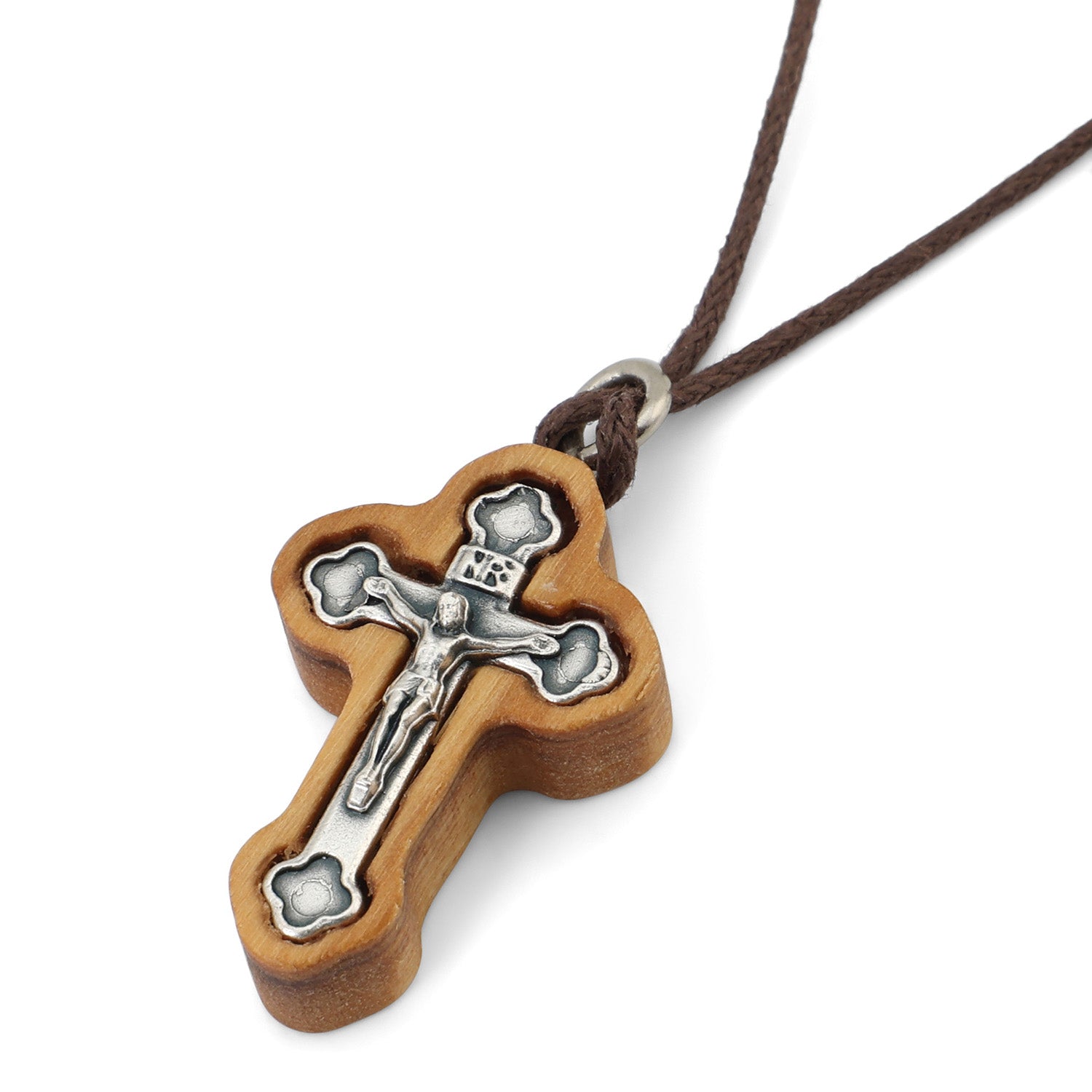 Budded Crucifix Pendant Necklace in Olive Wood by Marina Jewelry (view 2)