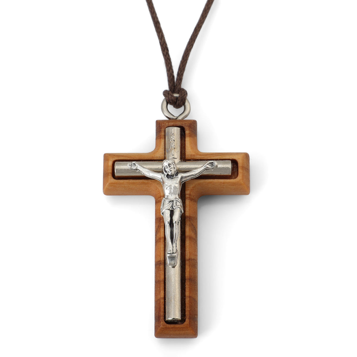 INRI Crucifix Pendant Necklace in Olive Wood by Marina Jewelry