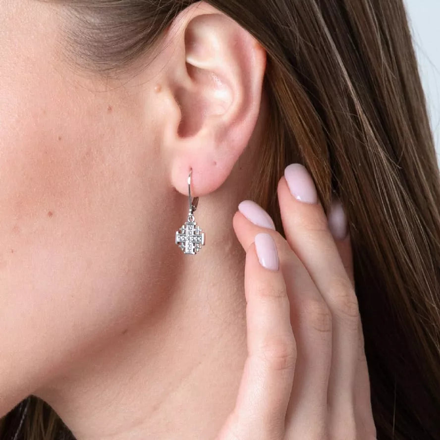 Jerusalem Cross Drop Earrings in 925 Sterling Silver, Oxidized – shown worn