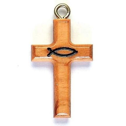 Olive wood Latin cross pendant with an engraved ichthys fish, by Marina Jewelry