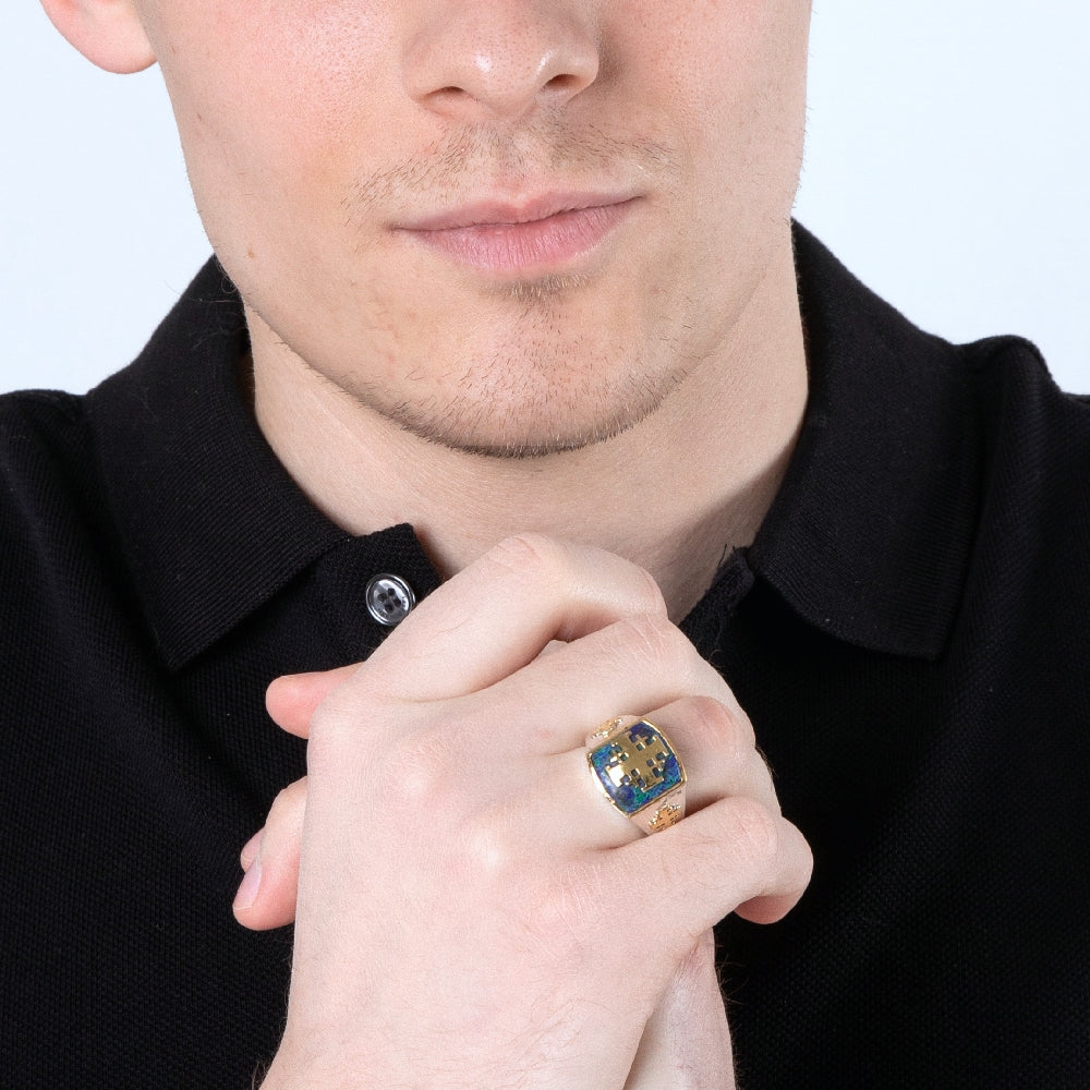 Gold-Plated Jerusalem Cross Signet Ring in 925 Sterling Silver with Eilat Stone – shown worn