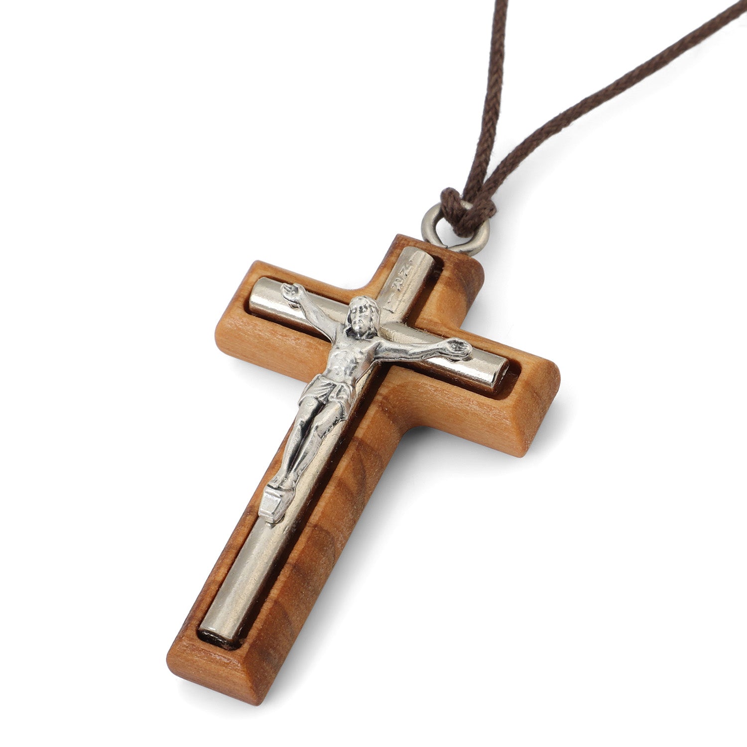 INRI Crucifix Pendant Necklace in Olive Wood by Marina Jewelry (view 2)