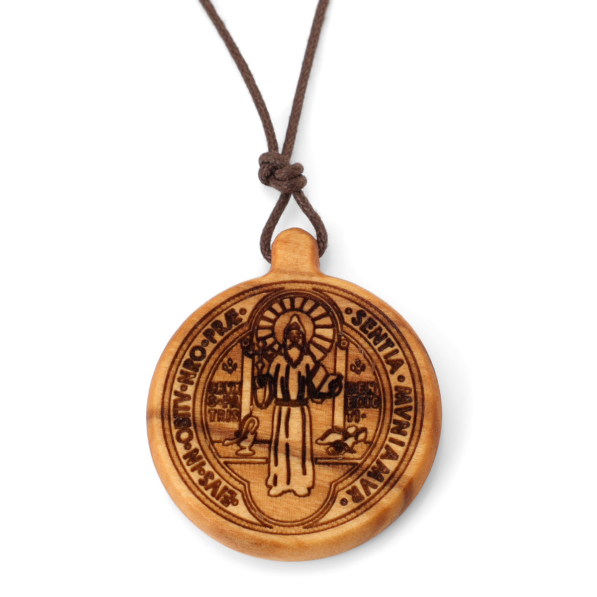 Saint Benedict Medal Pendant Necklace in Olive Wood by Marina Jewelry (view 2)