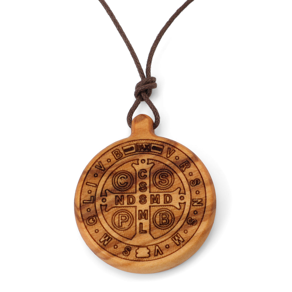 Saint Benedict Medal Pendant Necklace in Olive Wood by Marina Jewelry (view 3)