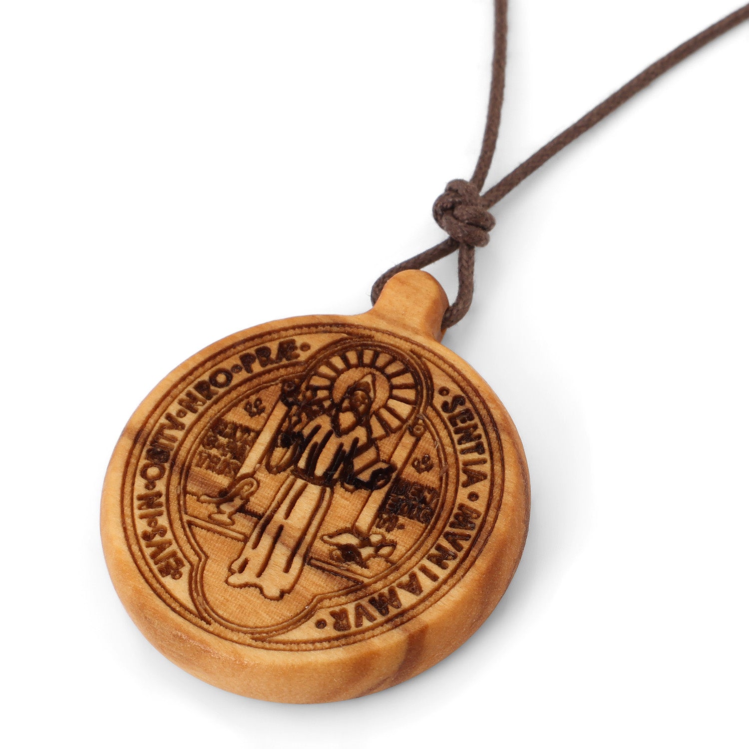 Saint Benedict Medal Pendant Necklace in Olive Wood by Marina Jewelry