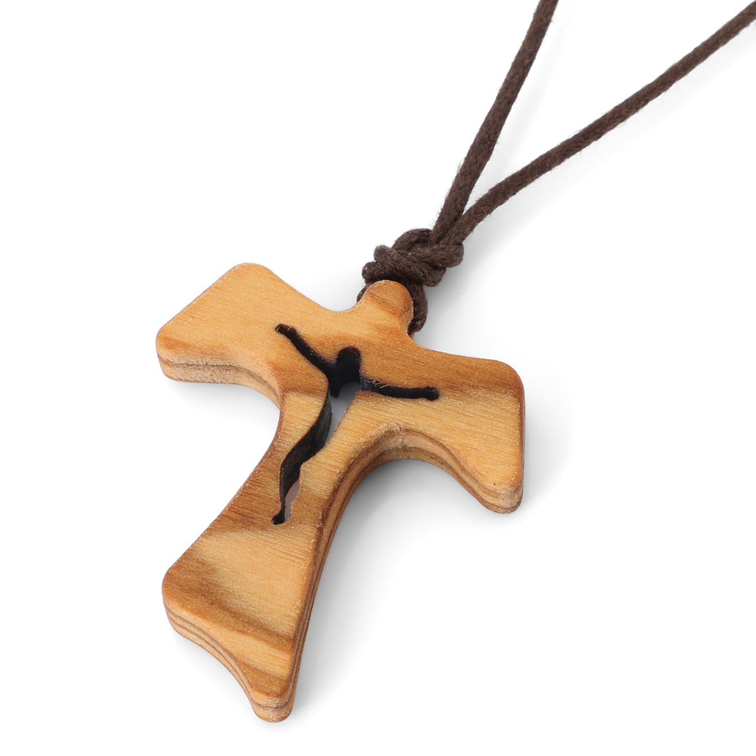 Tau Cross Crucifix Pendant Necklace in Olive Wood by Marina Jewelry (view 2)